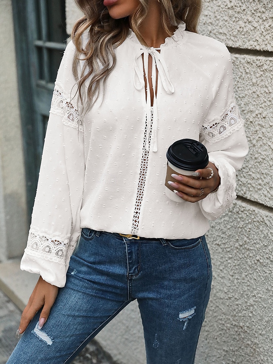 Top in pizzo elegante bianco da donna blusa all'uncinetto casual colore solido con lacci frontali maniche lunghe top regolari scollo a V abbigliamento quotidiano romantico top petite estivi per del 2025 a $26.99 –P4