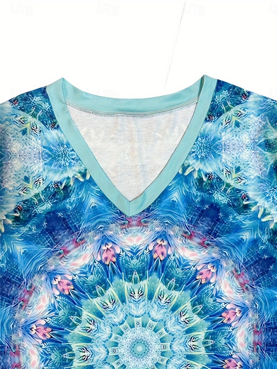 maglietta da donna casual stampa manica lunga top regolari scollo a V quotidiano blu primavera& autunno del 2025 a $22.99 –P5