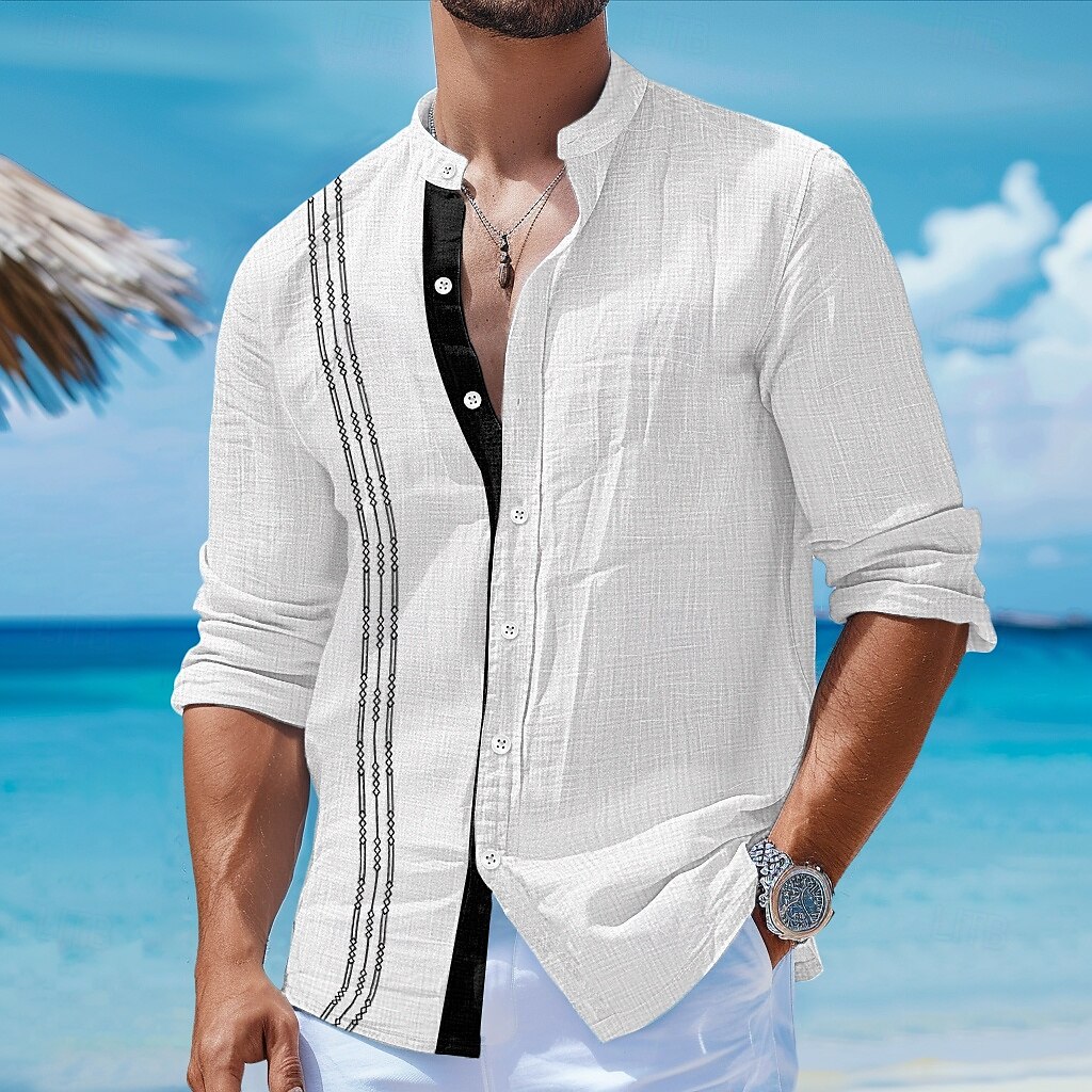Voor heren Overhemd linnen overhemd Guayabera-shirt Zomer overhemd Strand Kleding Overhemd met knopen Effen Vakantie Curise Zwart Wit Blozend Roze blauw Lange mouw Band Kraag Lente zomer Kleding 2025 - $25.99 –P6