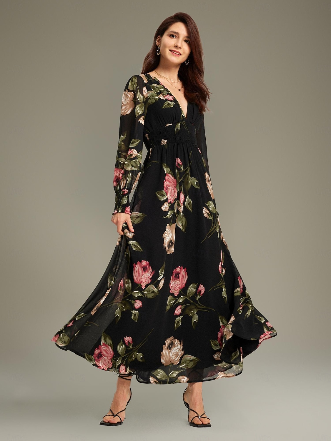 Abito per invitati in chiffon con volant floreale e maxi scollo a V. Abito per invitati del 2025 a $86.99 –P7