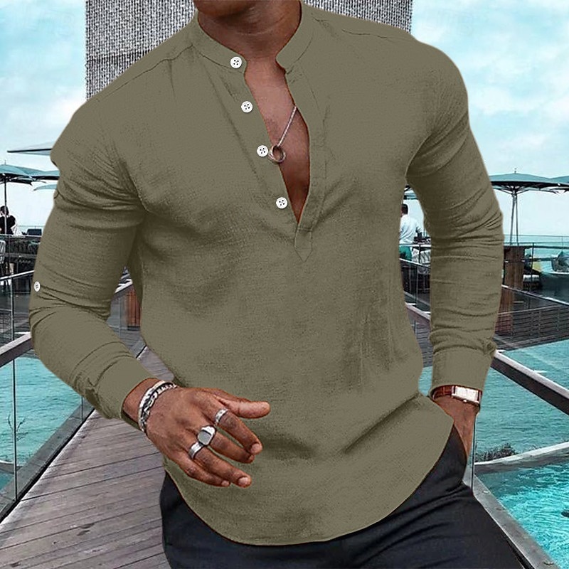 Homme Chemise Chemise Lin Chemise à enfiler Chemisette Chemise d'été Tenues de plage Chemise décontractée Plein Casual du quotidien Noir Blanche Rose Claire bleu marine manche longue Henley Printemps de 2025 ? $23.99 –P10