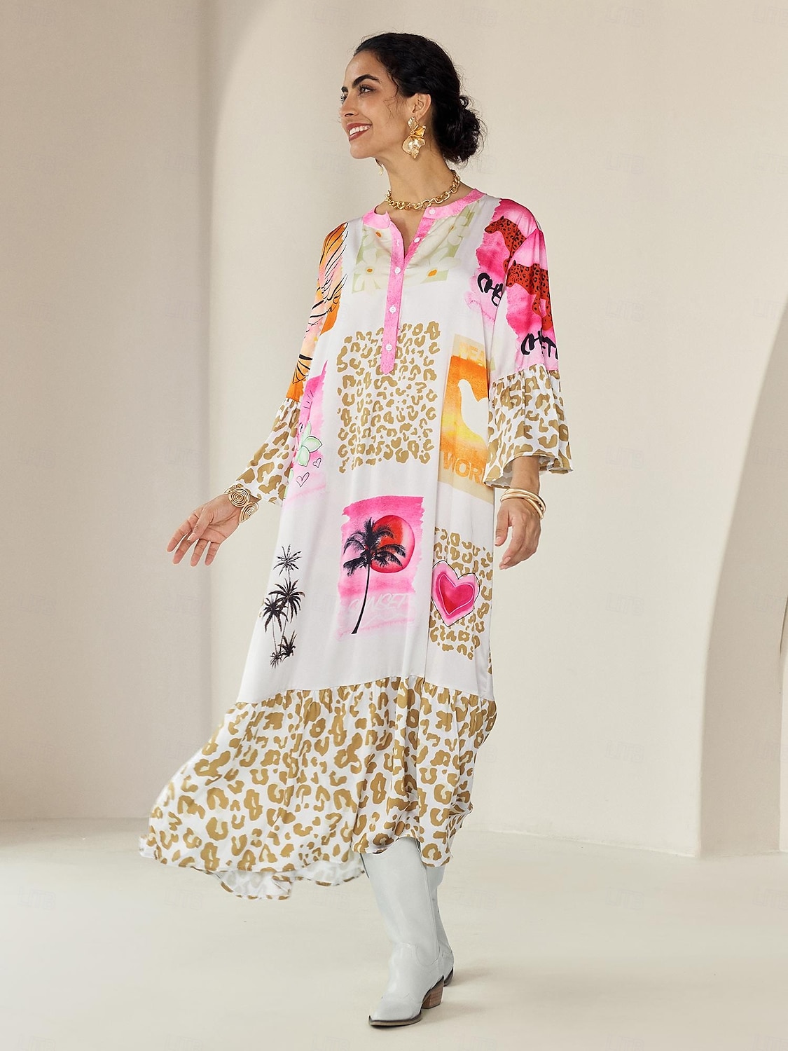 Robe longue décontractée à col ras du cou et à boutons en satin imprimé léopard de 2025 ? $68.99 –P8