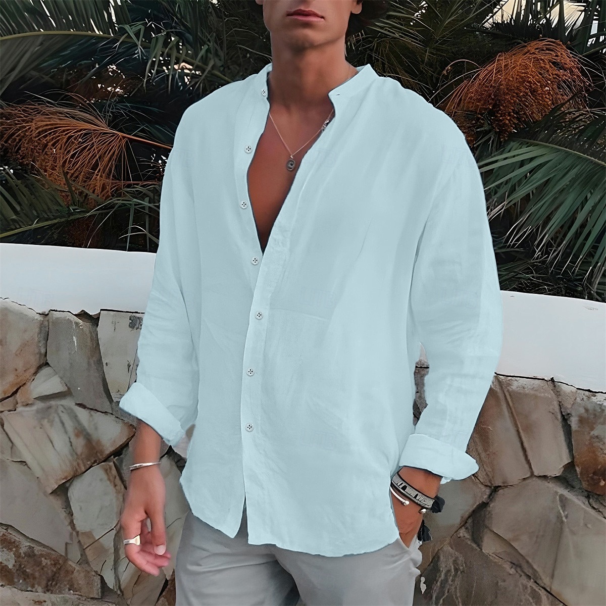 Per uomo Camicia Camicia con colletto a fascia Camicia estiva Abbigliamento mare Camicia con bottoni Liscio Esterno Da mare Nero Bianco Blu Verde Manica lunga Collo ripiegabile Primavera & Autunno del 2025 a $23.99 –P3