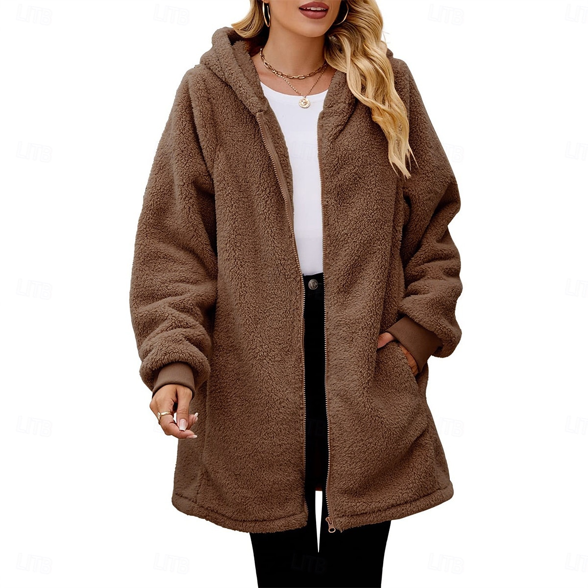Mulheres Casaco de lã Casaco de pelúcia Casaco com capuz Manter Quente Respirável Zíper Bolsos Forrada com Fleece Casual Bloco de cor Férias Rua Roupa Diária Para Noite Zíper Longo Capuz Normal Manga de 2025 por $25.19 –P6