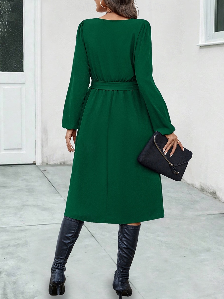 Elegantes Midikleid für Damen in Dunkelgrün, lange Ärmel, mit Gürtel, V-Ausschnitt, Knopfdetail, lässige A-Linie, fließend, vielseitig einsetzbar, Herbst/Frühlings-Kleidung 2025 - $39.99 –P4