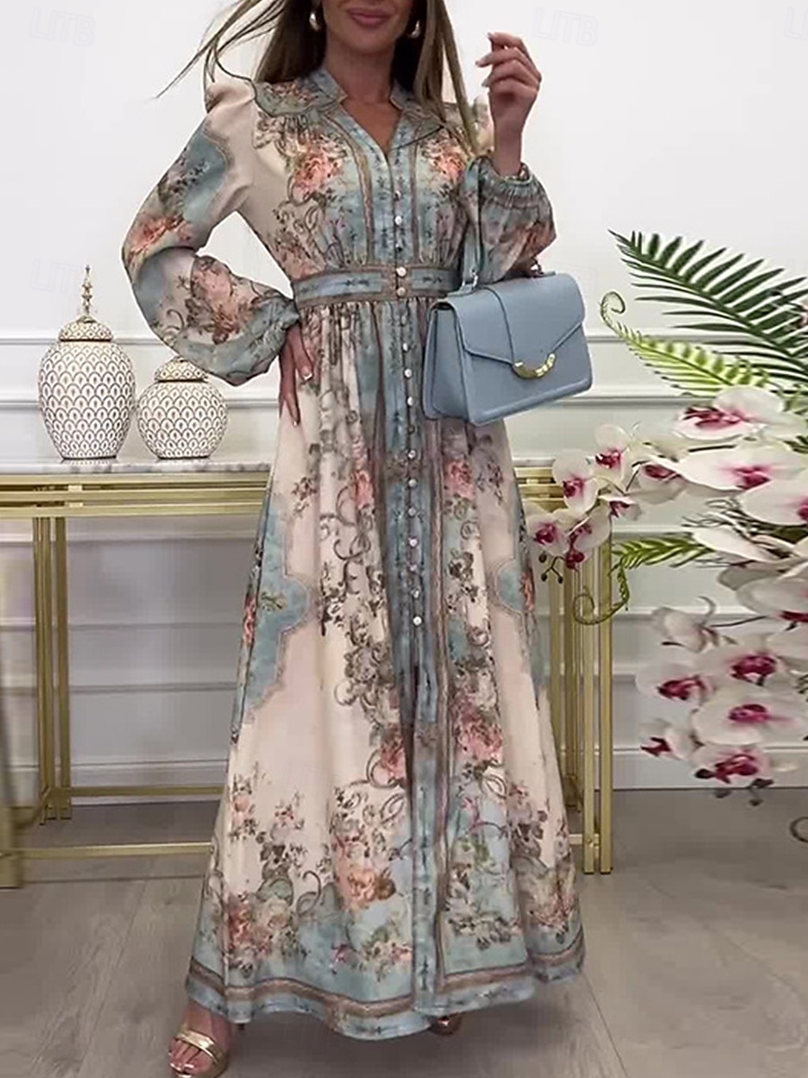 Női Maxiruha Vintage ruha hétköznapi ruha Boho ruha Elegáns Stílusos Alkalmi Napi Laza öltözet Grafika Hosszú ujj V-alakú Világoskék Tavasz Ősz 2025 - $58.99 -P1