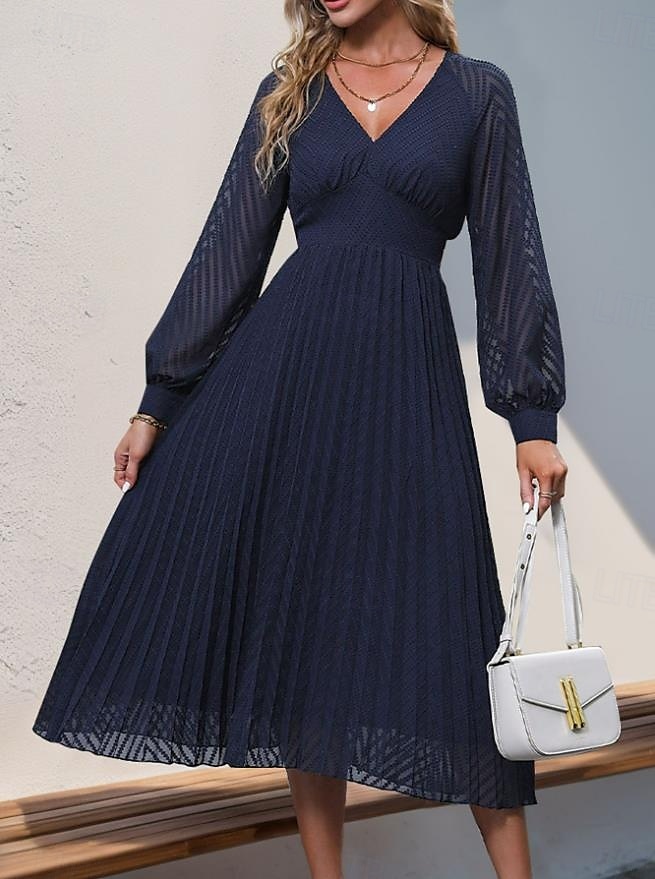 Dame Vanlig kjole Midikjole Netting Lapper Elegant Årgang V-hals Langermet Svart Blå Farge 2025 - $57.99 –P1