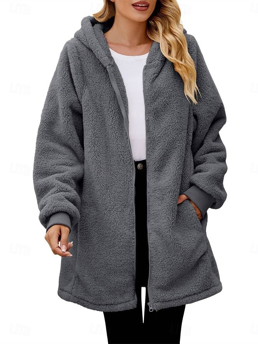Mulheres Casaco de lã Casaco de pelúcia Casaco com capuz Manter Quente Respirável Zíper Bolsos Forrada com Fleece Casual Bloco de cor Férias Rua Roupa Diária Para Noite Zíper Longo Capuz Normal Manga de 2025 por $25.19 –P4