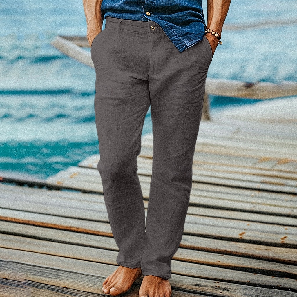 2025年 男性用 リネンパンツ ズボン スーツ サマーパンツ ビーチパンツ フロントポケット まっすぐな足 平織り 履き心地よい 高通気性 全長 フォーマル ビジネス 祝日 ファッション ベーシック ブラック ホワイト 伸縮性なし  コレクション – $27.99 –P7