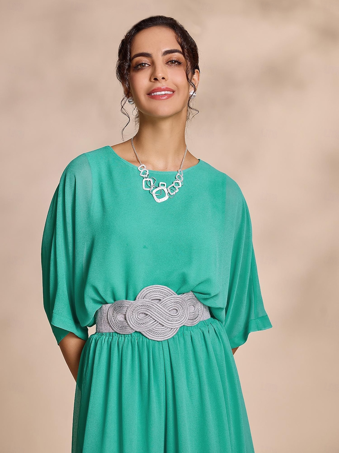 camicetta girocollo casual in chiffon con maniche magiare (cintura non inclusa) del 2025 a $54.99 –P5