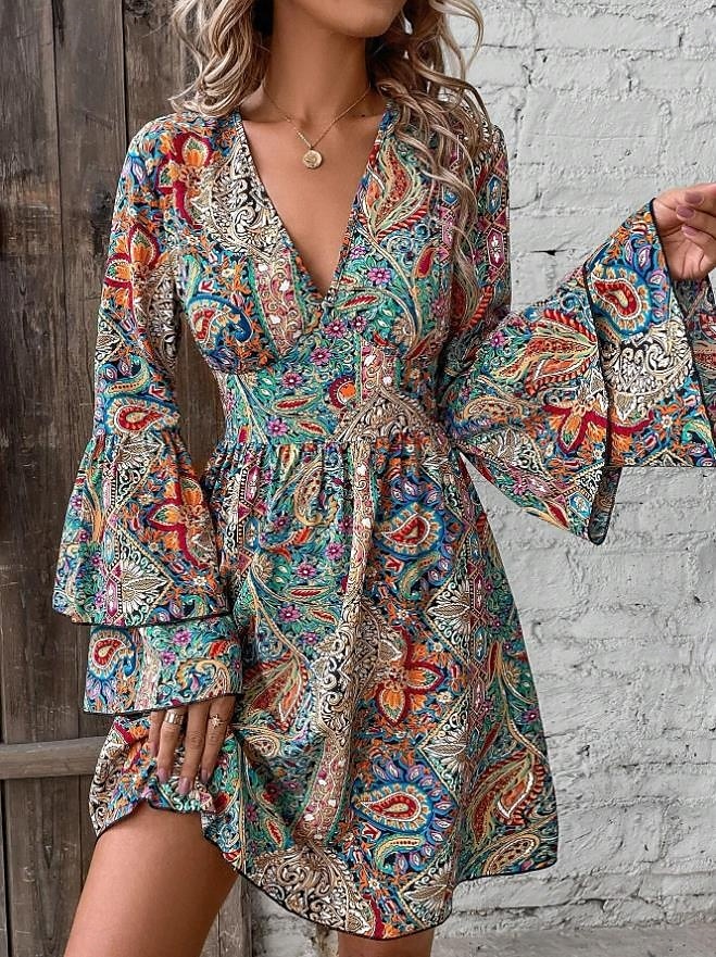 Damen Minikleid Casual kleid Boho-Kleid Elegant Ausgestellter Ärmel Urlaub Täglich Verabredung Lockere Passform Graphic Langarm V Ausschnitt Colourful Frühling Herbst 2025 - $35.99 –P1