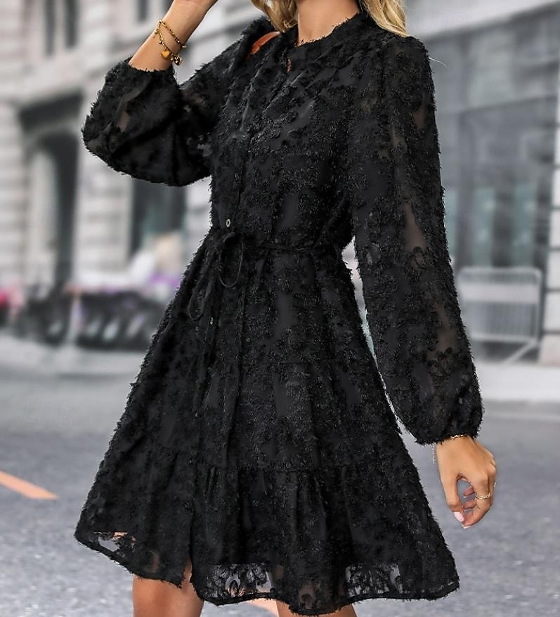 Per donna Abito semplice Vestito longuette Pizzo Pulsante Vintage Informale Colletto Manica lunga Nero Bianco Verde Colore del 2025 a $41.99 –P4