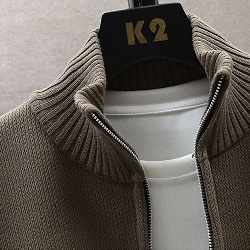 Men's Cropped Sweater Cardigan Sweater Zip Sweater Knit Sweater Ribbed Knit Regular Side Pockets Fleece Solid Color Stand Collar Fashion Classic Daily Wear Date Clothing Apparel Fall & Winter Black 2025 - $35.99 –P8