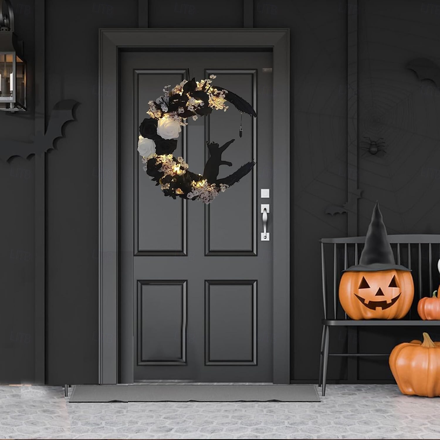 guirlanda de gato criativa luz noturna led - decoração de gato de lua de halloween para pendurar em casa e exibição de janela, presente perfeito para amantes de gatos de 2025 por $20.99 –P7