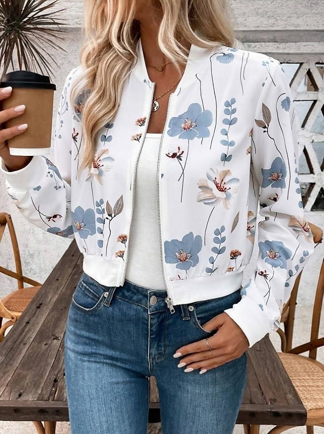 Damen Jacke Party Zip Blumen Windundurchlässig Modisch Regular Fit Oberbekleidung Langarm Herbst Weiß S 2025 - $38.99 –P5