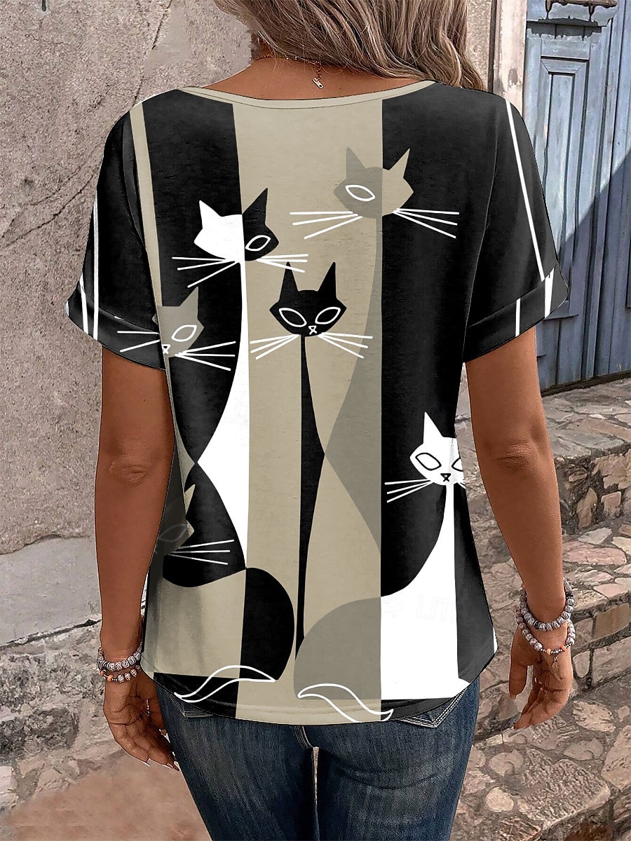 dámské tričko ležérní color block cat print krátký rukáv běžné topy do výstřihu denní khaki léto 2025 - $19.99 –P2