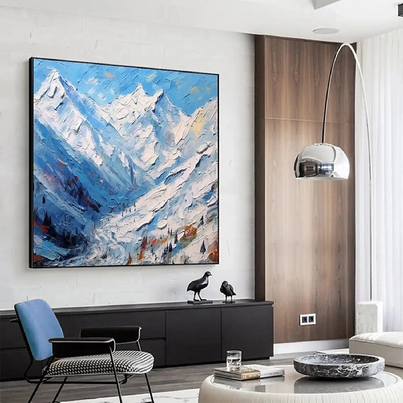 3D-Ölgemälde mit Bergen, handgemalt, dicke Textur, Ölgemälde mit Blütenblättern, beige-blaues Skyline-Schneegemälde auf Leinwand, handgemaltes abstraktes strukturiertes Ölgemälde für Wandkunst, 2025 - $125.99 –P2