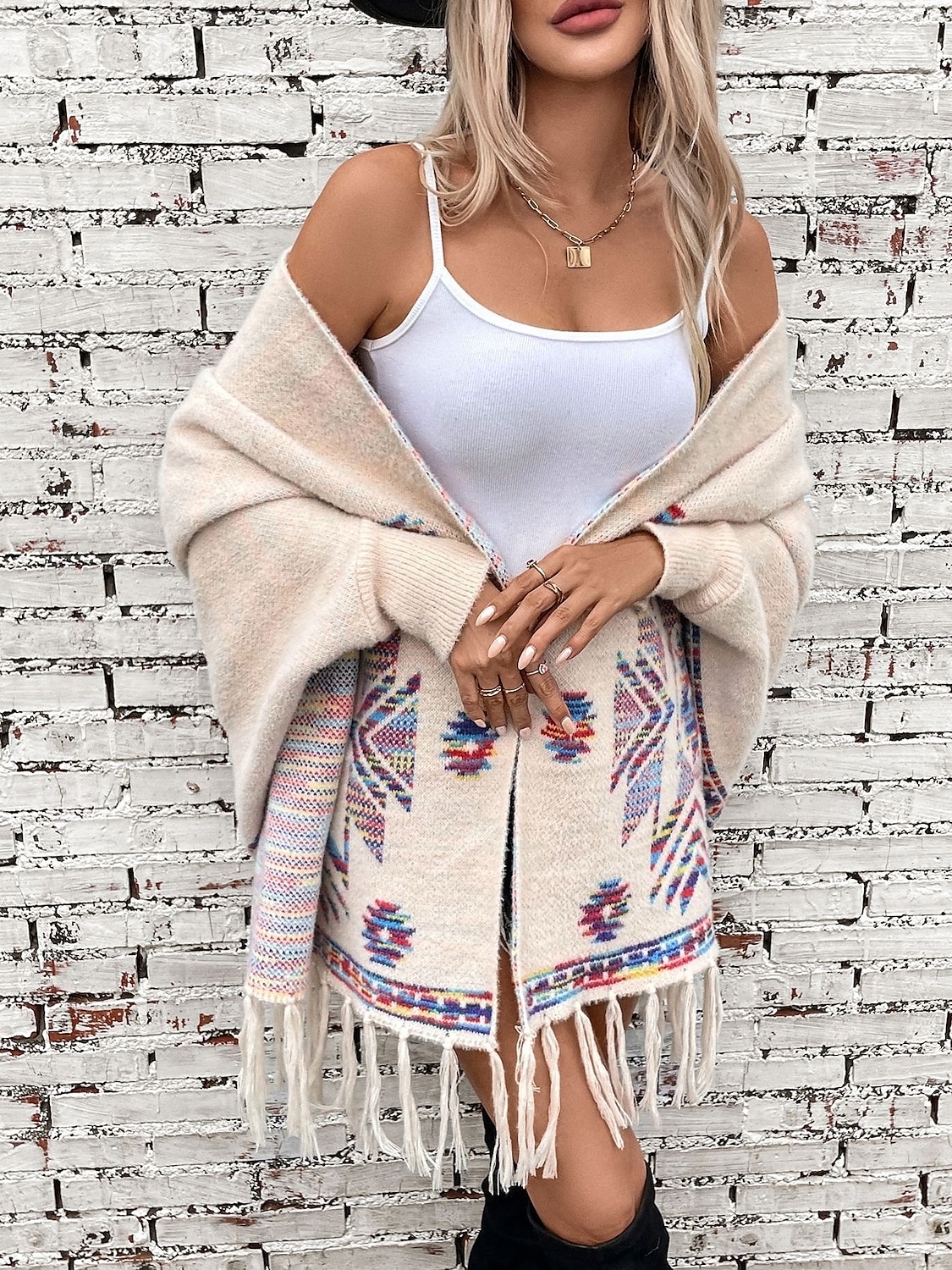 Damskie Bolerko Moda Codzienny Geometryczny Otwarty przód Nadruk Długi rękaw Długie topy Robić na drutach Formalny Praca Weekend Czarny Khaki Jesień Zima 2025 - $61.99 –P3