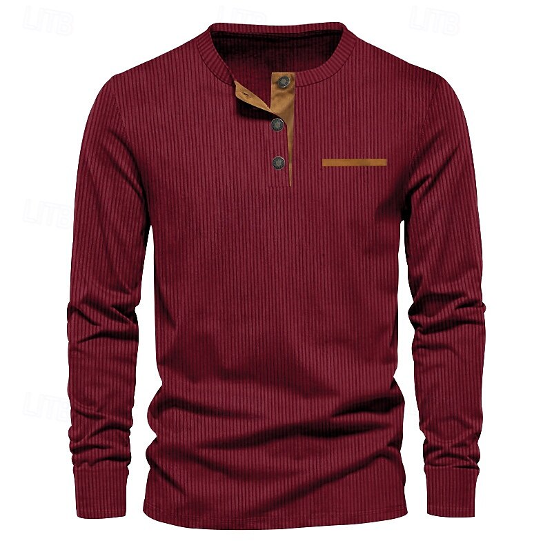 Herren T-Shirt mit Knöpfen T Shirt Cordhemd Henley Hemd Langarm Henley Frühling & Herbst Einfach Mode Designer Basic Urlaub Straße Ausgehen Schwarz Wein Braun Top T-Shirt für Herren 2025 - $23.99 –P4