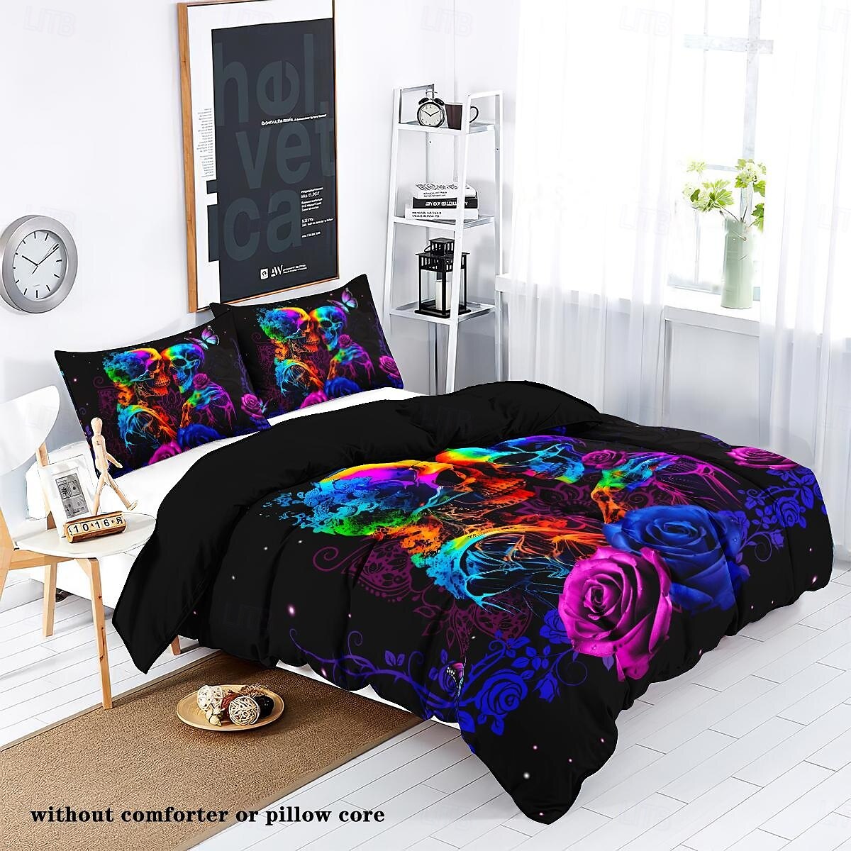 Copripiumino con stampa floreale a forma di teschio gotico, set da letto da 3 pezzi - design unico e artistico - include copripiumino e federe - tessuto morbido e resistente - perfetto per aggiungere del 2025 a $68.99 –P12