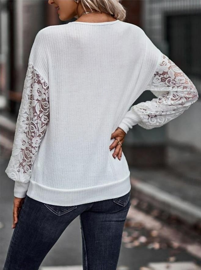 Women's Blouse Stylish Modern Solid Color Lace Eyelet Long Sleeve V Neck Daily Black White Spring Fall 2025 - $29.99 –P2