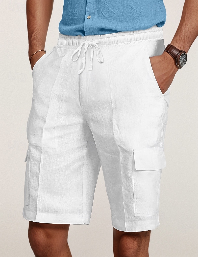 Men's Cargo Shorts Shorts Linen Shorts Summer Shorts Beach Shorts Drawstring Elastic Waist Multi Pocket Plain Knee Length Outdoor Casual Daily Vacation Casual Black White Inelastic 2025 - $22.99 –P6