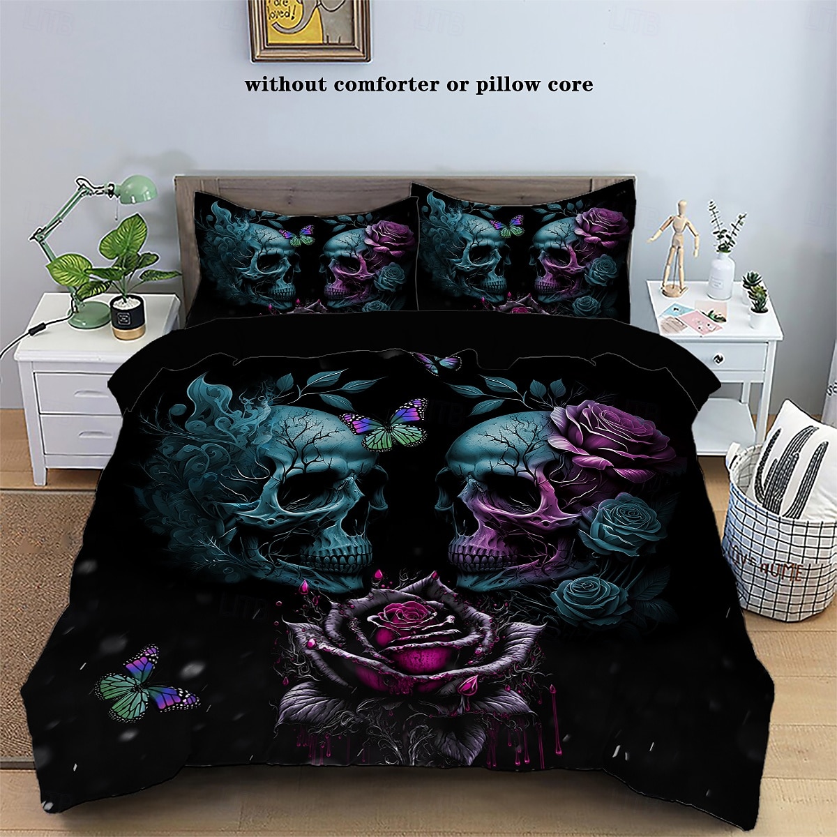 Copripiumino con stampa floreale a forma di teschio gotico, set da letto da 3 pezzi - design unico e artistico - include copripiumino e federe - tessuto morbido e resistente - perfetto per aggiungere del 2025 a $68.99 –P16