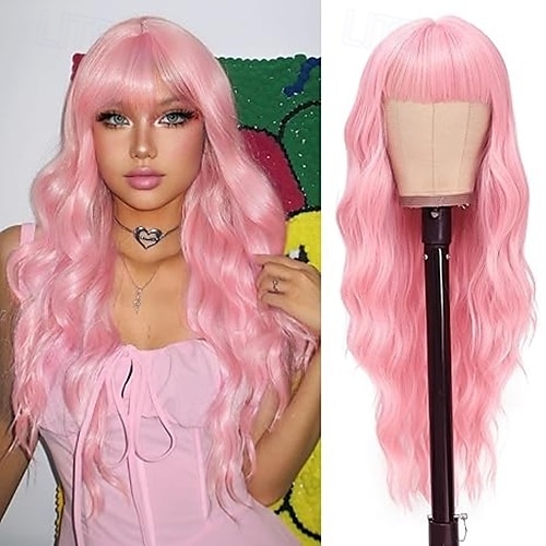 parrucche lunghe con frangia per donne parrucche per capelli ricci e ondulati parrucche in fibra sintetica resistenti al calore per l'uso quotidiano alle feste del 2025 a $19.99 –P2