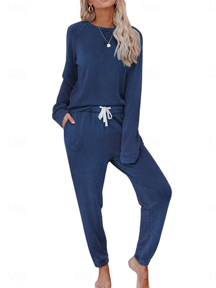 pyjamasset för kvinnor ren färg mode grundläggande komfort hem daglig säng andas rund hals långärmad byxficka resår midja höst vinter hem outfits 2025 - $36.99 –P4