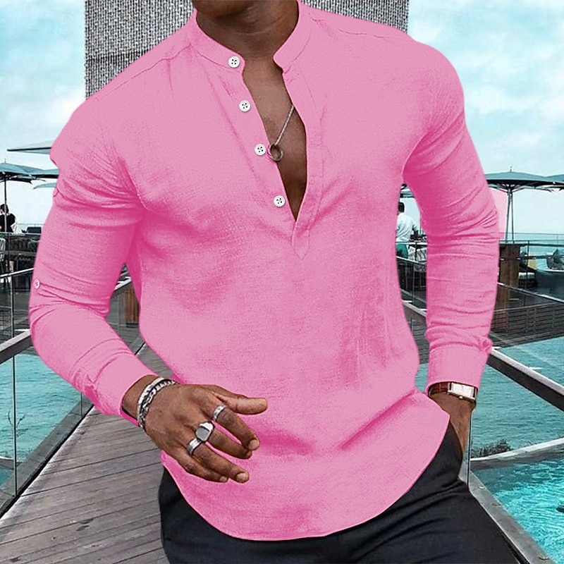 Homme Chemise Chemise Lin Chemise à enfiler Chemisette Chemise d'été Tenues de plage Chemise décontractée Plein Casual du quotidien Noir Blanche Rose Claire bleu marine manche longue Henley Printemps de 2025 ? $23.99 –P4