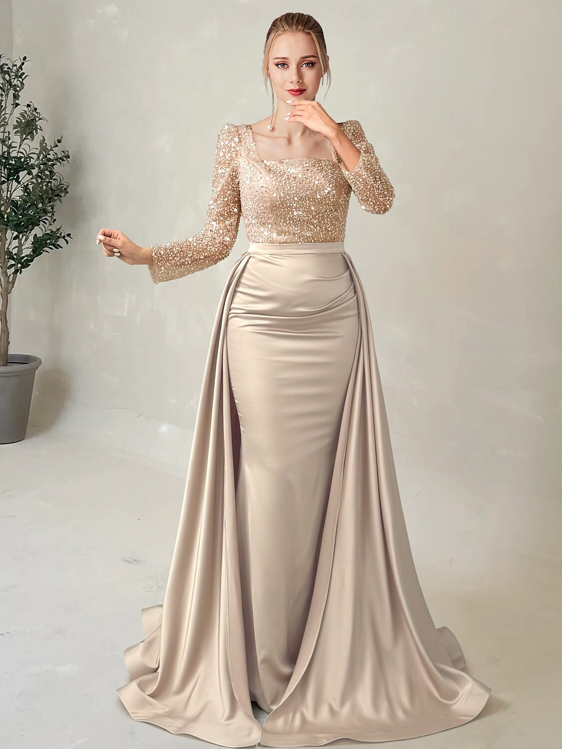 Meerjungfrau Abendkleid Elegantes Kleid Formelles Bodenk Länge Langarm Illusion-Ausschnitt Champagner Mutter der Braut Kleid Pailletten mit Perlen Überrock 2025 2025 - $230.99 –P3