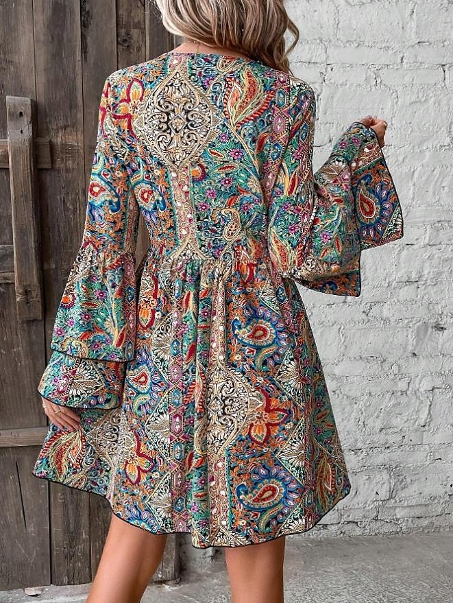 Damen Minikleid Casual kleid Boho-Kleid Elegant Ausgestellter Ärmel Urlaub Täglich Verabredung Lockere Passform Graphic Langarm V Ausschnitt Colourful Frühling Herbst 2025 - $35.99 –P5