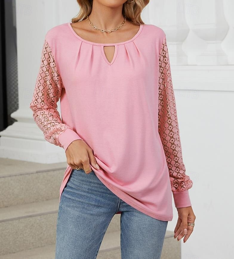 női blúz műselyem elegáns stílusos modern egyszínű hálós hát nélküli patchwork hosszú ujjú nyakkivágással napi fekete fehér rózsaszín kék tavasz ősz tél 2025 - $27.99 –P2