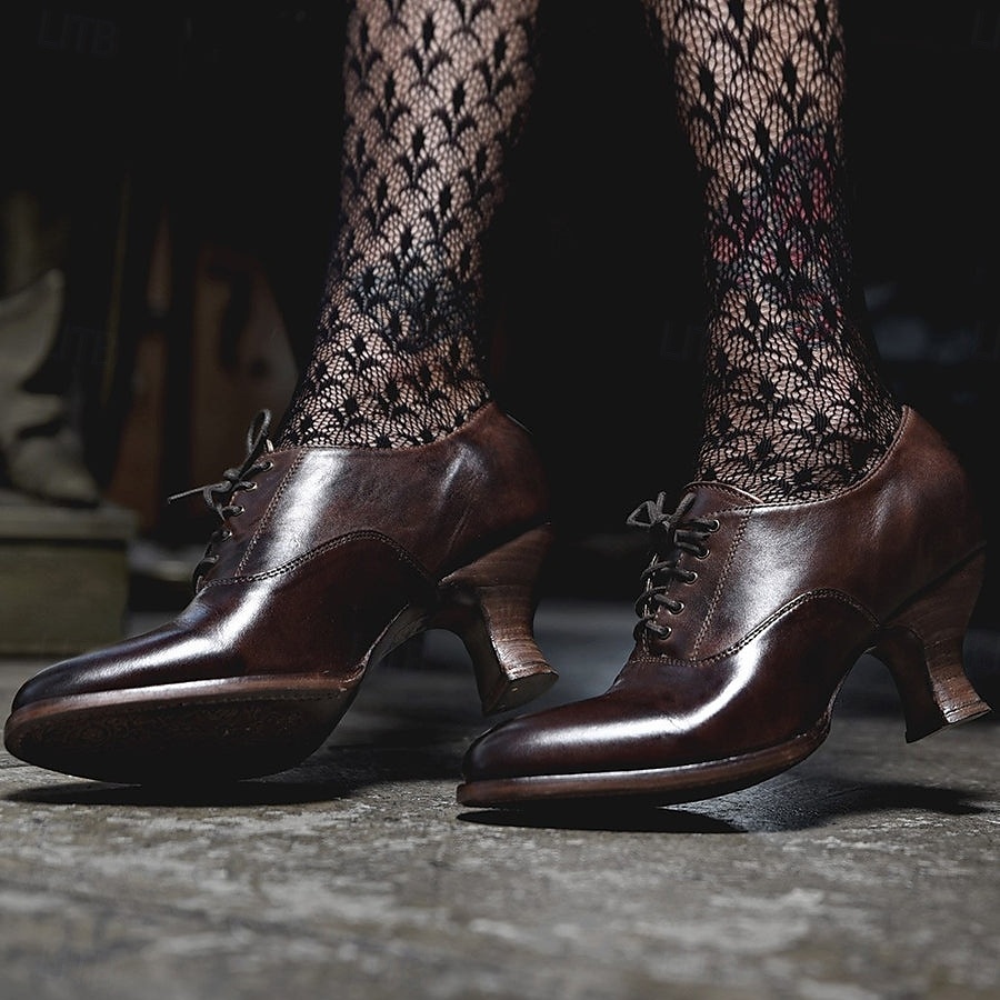 damskie gatsby vintage brown ze sztucznej skóry sznurowane buty na obcasie oxford - styl retro wiktoriański na formalne i codzienne okazje 2025 - $54.99 –P6