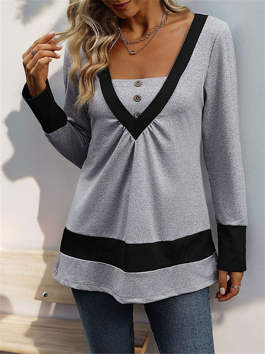 Dames Overhemd Blouse Effen Kleur Basic Casual Lange mouw V-hals Normale tops Dagelijks Lapwerk Knop Grijs Herfst Winter 2025 - $29.99 –P1