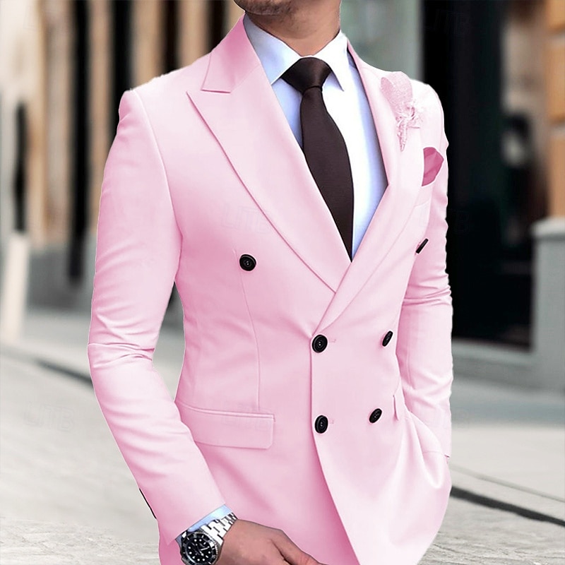 Herr Studenten Kavaj Företag Cocktailfest Bröllopsfest Mode Ledigt Vår & Höst Polyester Ensfärgat Knappar Ficka Bekväm Dubbelknäppt Blazer Ljusrosa Gul Rodnande Rosa Kungsblå 2025 - $54.99 –P1