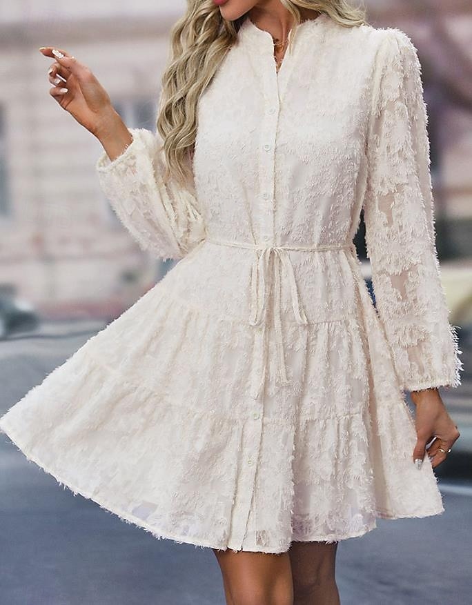 Per donna Abito semplice Vestito longuette Pizzo Pulsante Vintage Informale Colletto Manica lunga Nero Bianco Verde Colore del 2025 a $41.99 –P5