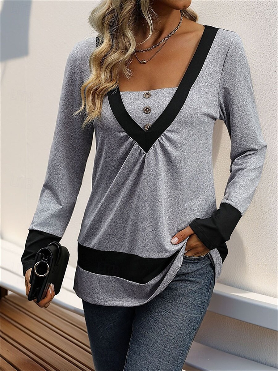 Dames Overhemd Blouse Effen Kleur Basic Casual Lange mouw V-hals Normale tops Dagelijks Lapwerk Knop Grijs Herfst Winter 2025 - $29.99 –P5