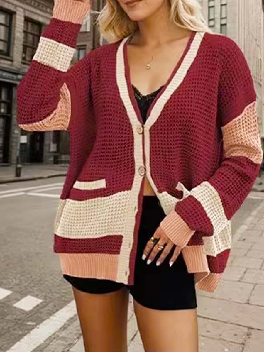 Dames Vest Stijlvol Effen Kleur Open voorzijde Zak Drop Shoulder Lange mouw Lange tops breien Dagelijks Uitgaan Rood Herfst Winter 2025 - $69.99 –P1
