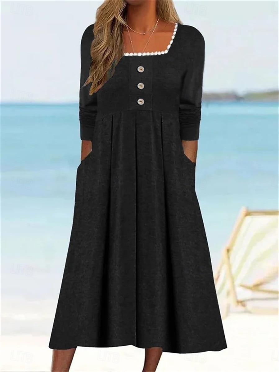 Damen Casual kleid Midikleid Patchwork Taste Urlaub Strassenmode Basic Quadratischer Ausschnitt 3/4 Ärmel Schwarz Weiß Wein Farbe 2025 - $41.99 –P2