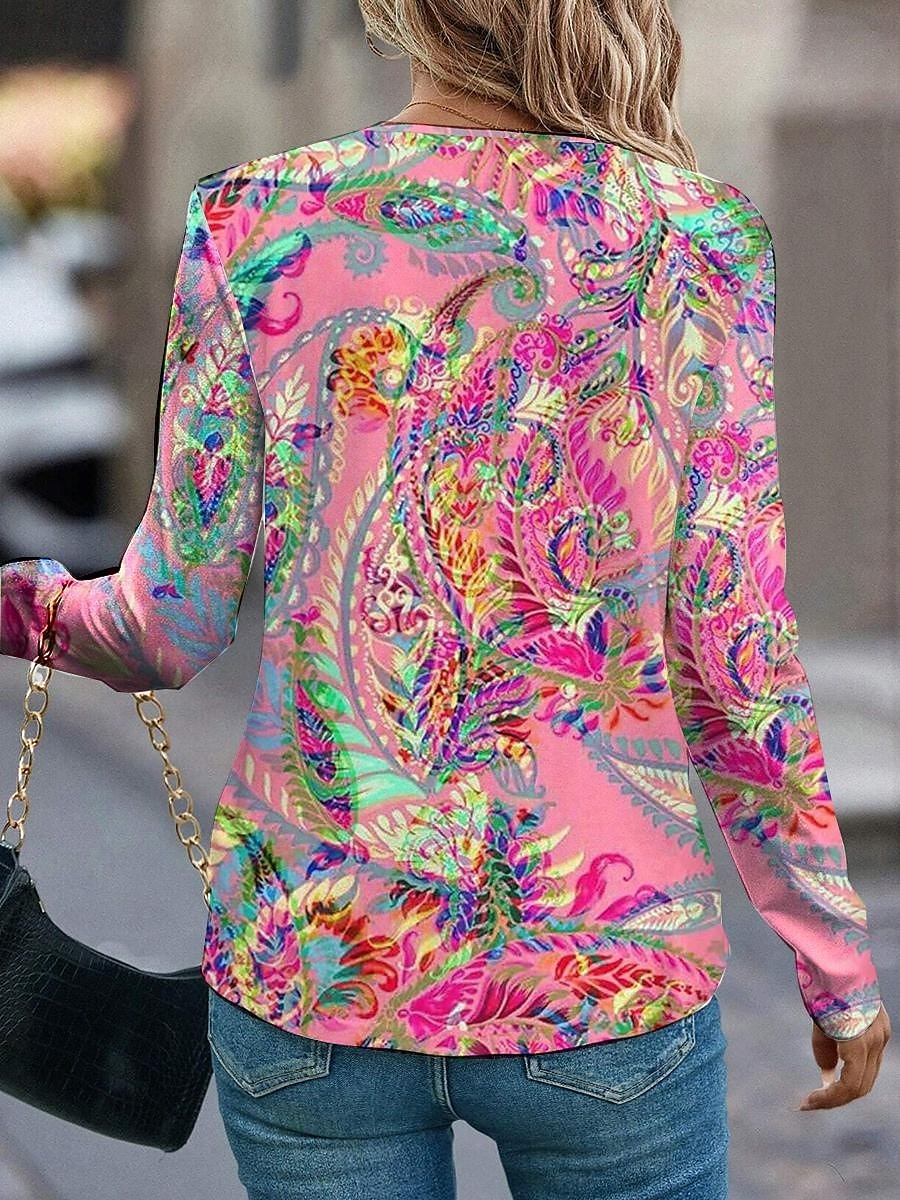Dame Tunika T Skjorte Mote Casual Print Lang erme Vanlige topper Crew Neck Daglig Rosa Vår Høst 2025 - $22.99 –P2