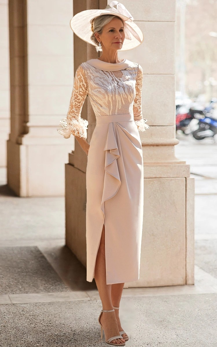 Φόρεμα για τη μητέρα της νύφης,Elegant Simple High Neck Tea Length Stretch Fabric 3/4 Length Sleeve Feather Lace Pleats 2025 free custom size 2025 - $149.99 –P1