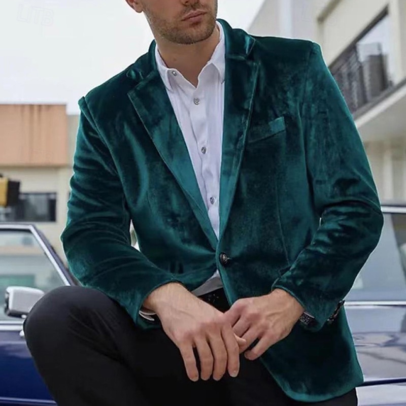 Herr Sammetsblazers Kavaj Företag Cocktailfest Bröllopsfest Mode Ledigt Vår & Höst 100 % bomull Färgblock Knapp Ficka Bekväm Enkelknäppt Blazer Rubinrött Kungsblå Grön 2025 - $73.99 –P1
