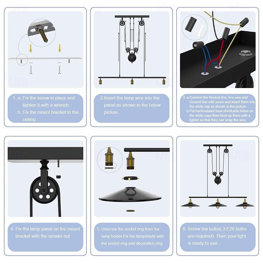 Pendant Light 1/2/3 Light Pulley Indoor Island Light Adjustable Industrial Vintage Rustic Chandelier for Game Room 7ft/8ft/9ft Tables, Vintage Kitchen Light for Man Cave, Kitchen, Dinning Room, Bar 2025 - $148.99 –P2