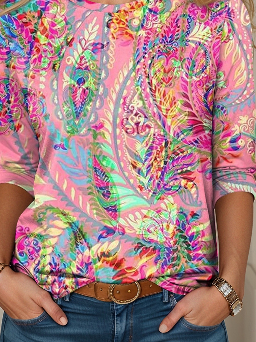 Dame Tunika T Skjorte Mote Casual Print Lang erme Vanlige topper Crew Neck Daglig Rosa Vår Høst 2025 - $22.99 –P3