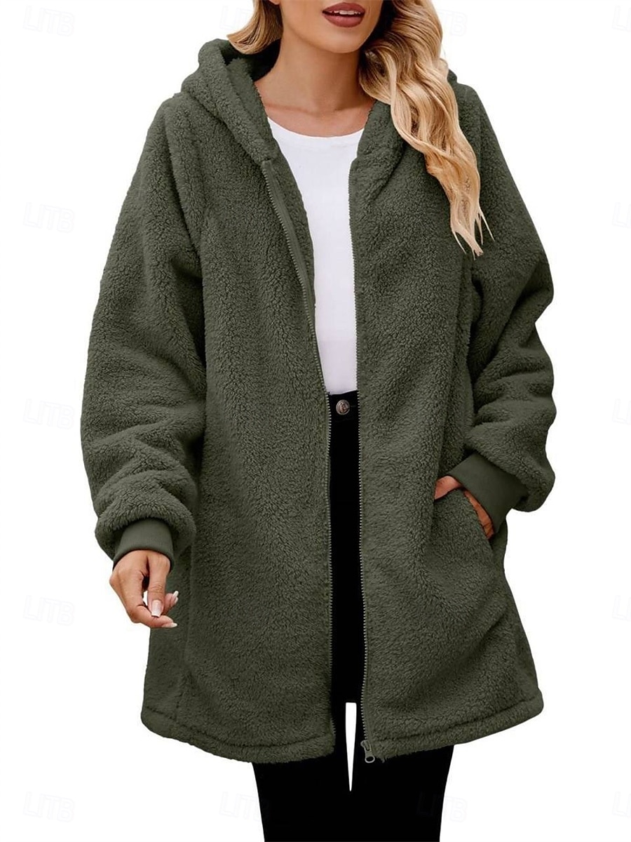 Mulheres Casaco de lã Casaco de pelúcia Casaco com capuz Manter Quente Respirável Zíper Bolsos Forrada com Fleece Casual Bloco de cor Férias Rua Roupa Diária Para Noite Zíper Longo Capuz Normal Manga de 2025 por $25.19 –P1