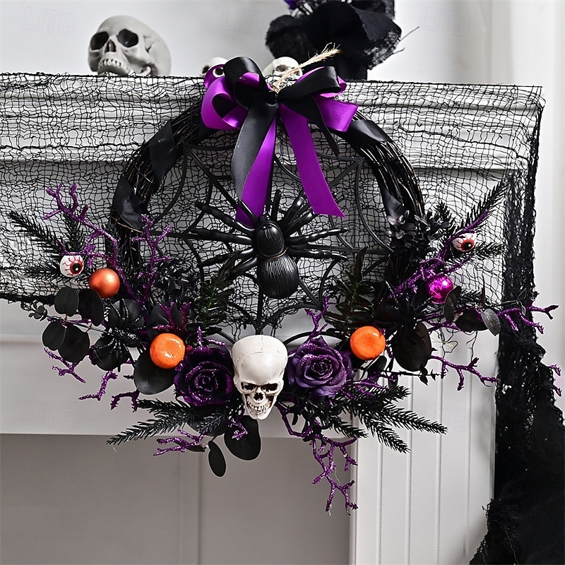 halloween koszorú műkoponyával és karácsonyi díszekkel - kísérteties lila virágos szőlőajtó függő kísértetjárta házhoz és félelmetes parti dekorációhoz 2025 - $76.99 –P9