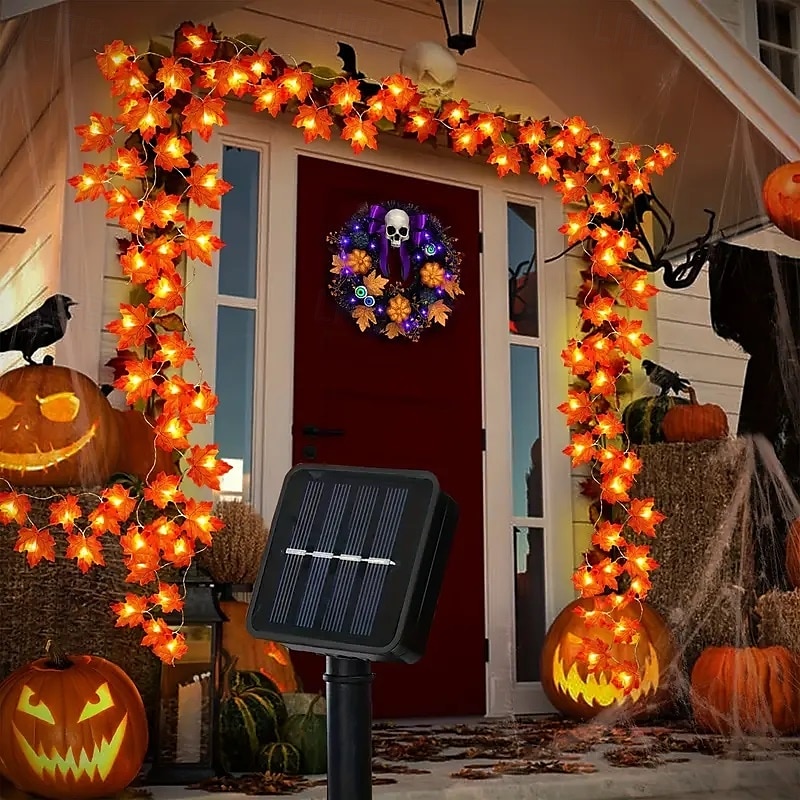 Ghirlandă artificială cu frunze de arțar cu energie solară 6,5 m 30 led-uri de Ziua Recunoștinței Halloween frunze de toamnă decorare în aer liber grădină interioară terasă șemineu pentru iluminat 2025 - $14.49 –P1