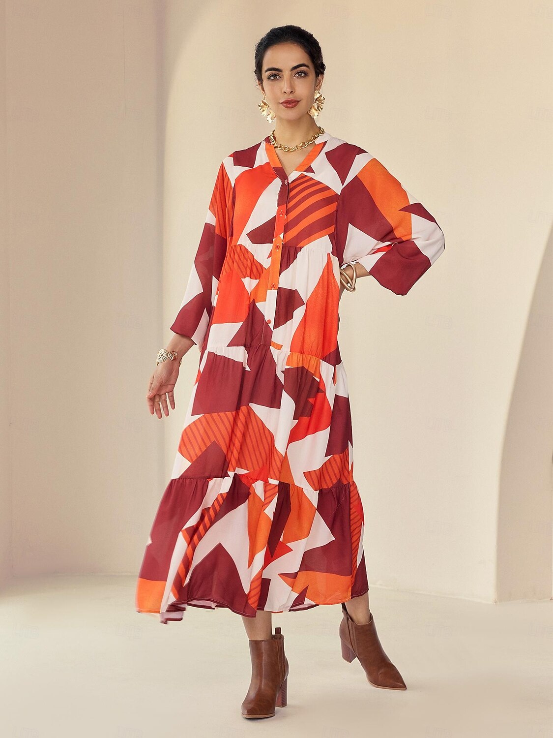 Robe longue décontractée à col en Y en mousseline de soie à motifs géométriques de 2026 ? $102.99 –P1