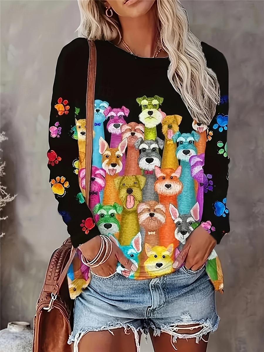 Tricou femei cu guler rotund mânecă lungă tunica imprimeu casual tops obișnuite zilnic negru primăvară toamnă 2026 - $24.99 –P1